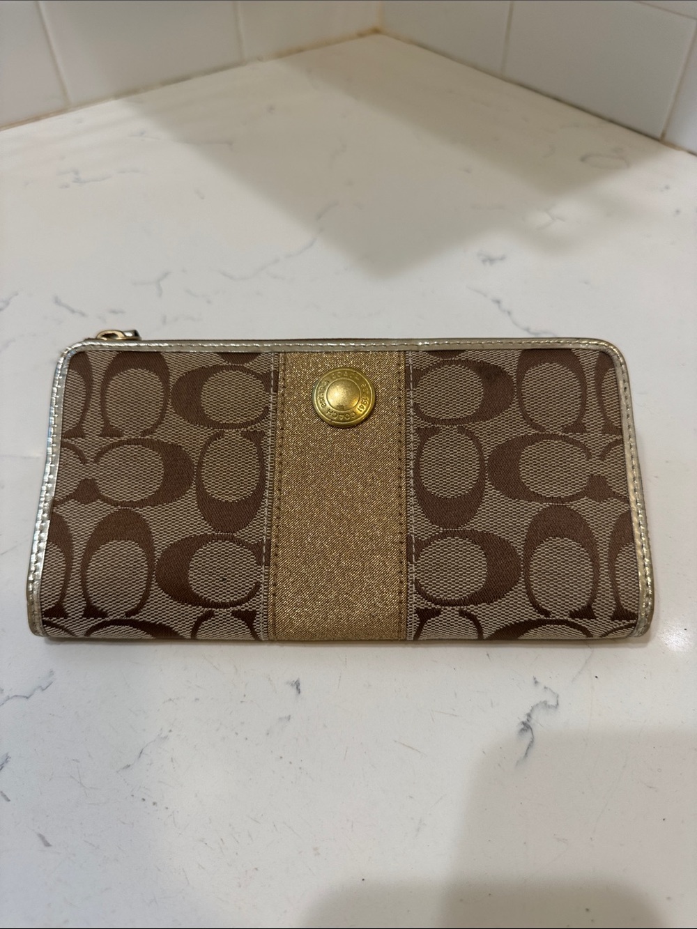 Coach Brown Monogram Wallet with Metallic Gold Trim - Picture 1 of 13
